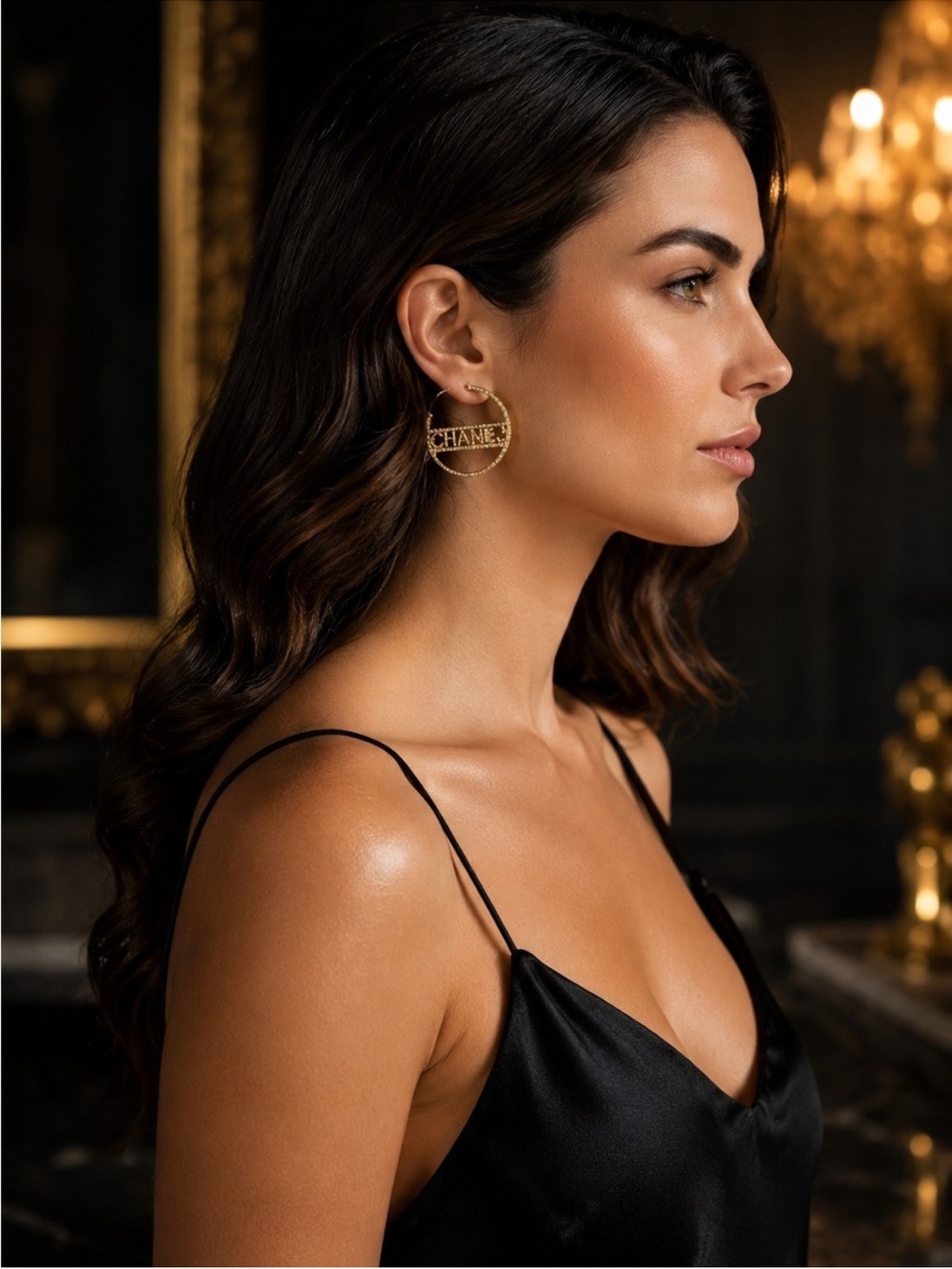 Gold Crystal CC Logo Hoop Earrings - Picture 2 of 8